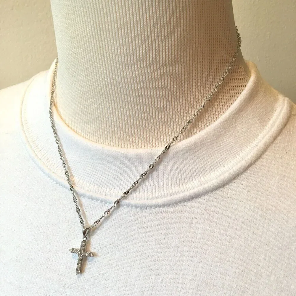 Cross Necklace Sterling Silver Cubic Zirconia Pendant 925 17in Twist Chain